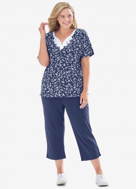 NAVY DITSY CAPRI SET