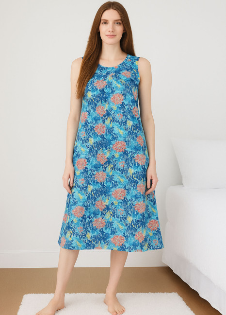 Cotton Long Shirt Blue Flowers