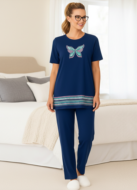 Fluid Knit Pyjamas Set Navy Butterfly Print