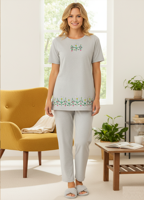 Fluid Knit Pyjamas Set Grey Floral Print