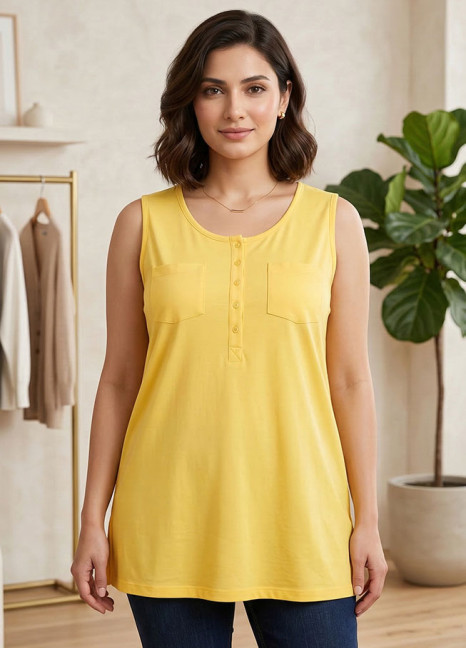 Lemon Two Pocket Button Sleeveless Top FT-0857