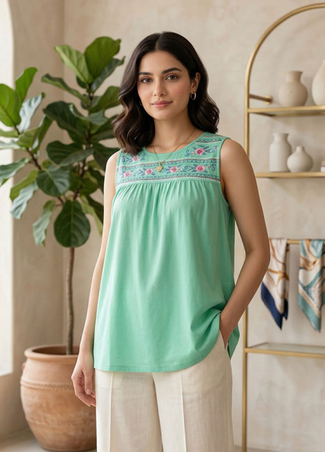 Green Embroidered Sleeveless Top FT-3816