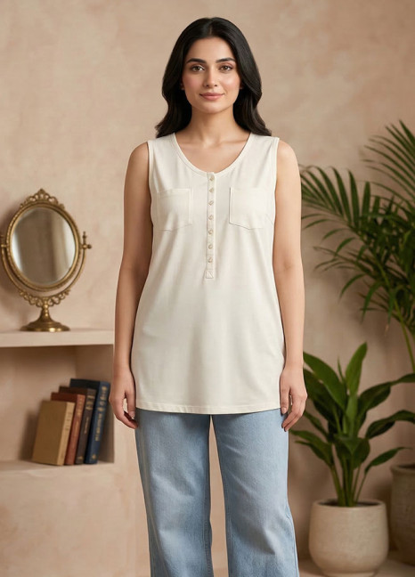 White Two Pocket Button Sleeveless Top FT-5052