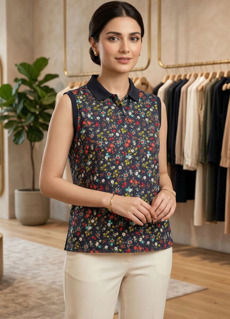 Navy Floral Polo Sleeveless Top FT