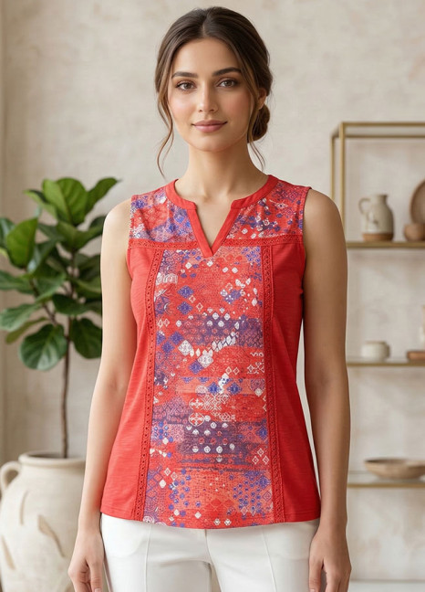 Red Lace Trim Printed Sleeveless Top FT