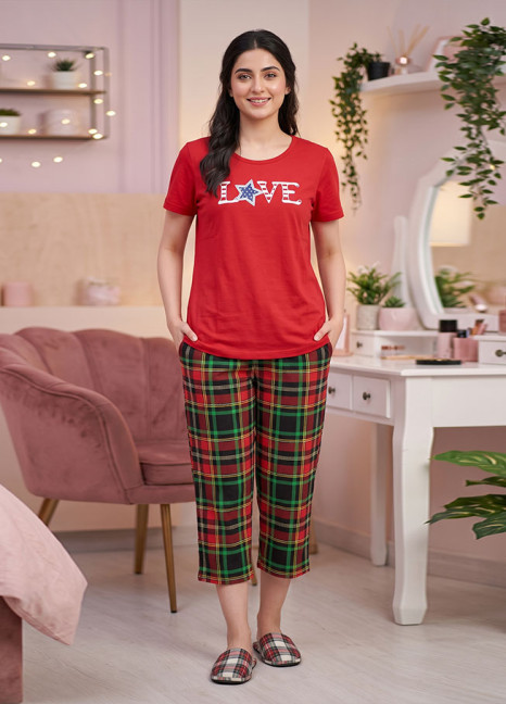 Red Love-Check Capri Pjs
