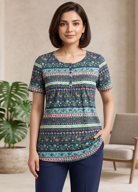 Navy-Sky Floral Frill Button HS FT-2636