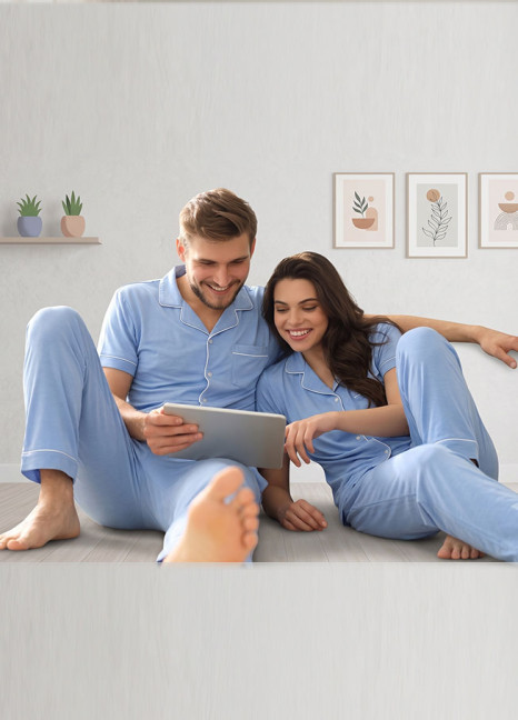 Relaxed Fit Couple Button-Down PJs Set Cornflower Blue