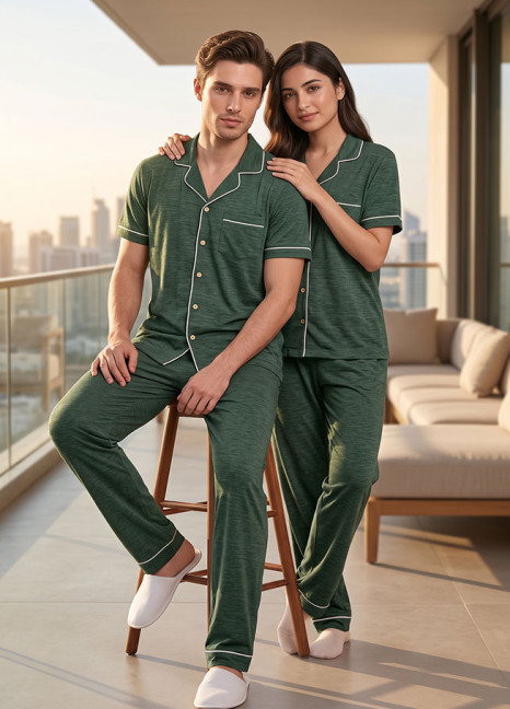 Relaxed Fit Couple Button-Down PJs Set Green Texture