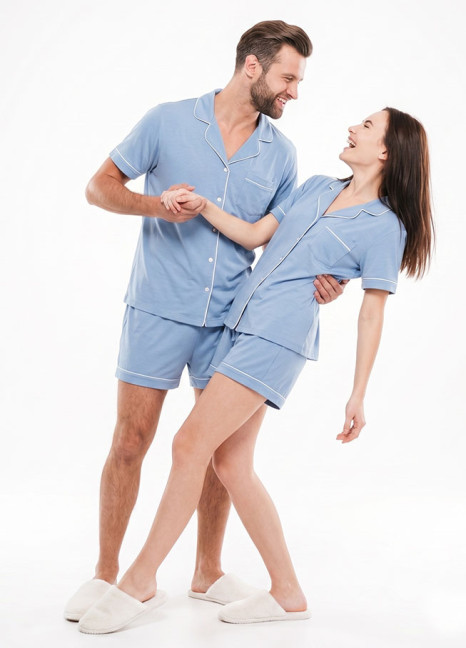 Relaxed Fit Couple Button-Down Short Set Cornflower Blue