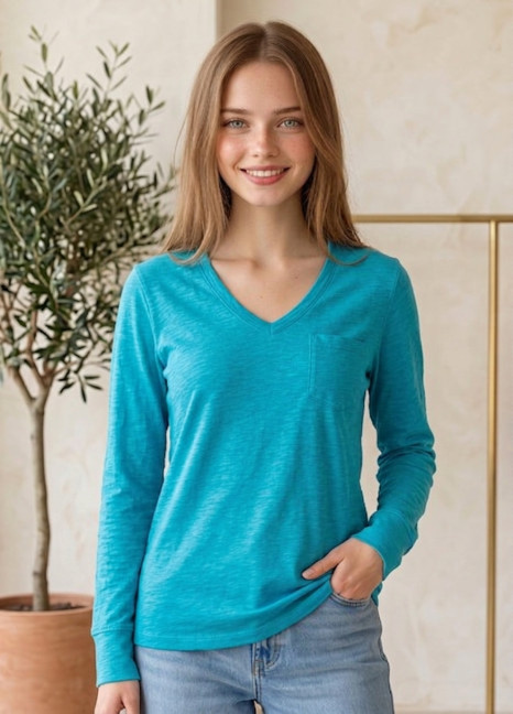 Sea-Green Slub Yarn VN Chest Pocket FS FT-5714